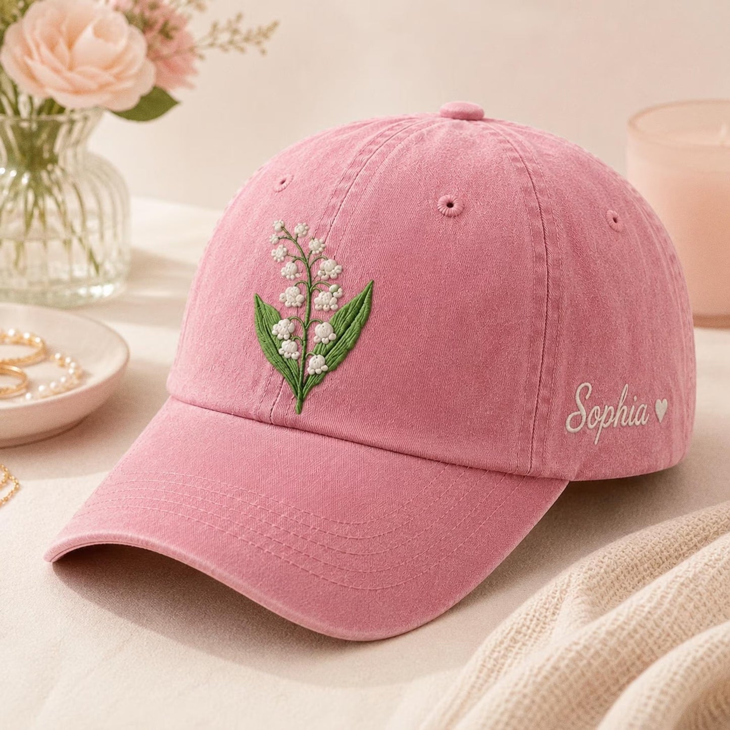 Personalized Birth Flower Embroidered Hat, Custom Floral Name Cap, Botanical Embroidery Hat, Birthday Gift For Her, Mother's Day Gift