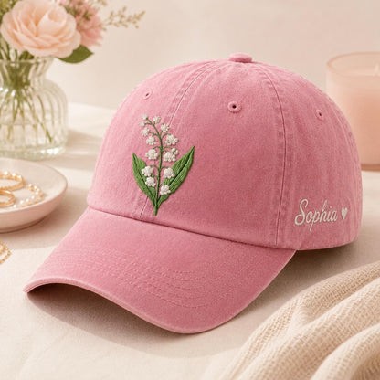Personalized Birth Flower Embroidered Hat, Custom Floral Name Cap, Botanical Embroidery Hat, Birthday Gift For Her, Mother's Day Gift