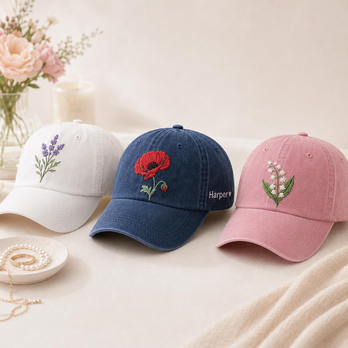 Personalized Birth Flower Embroidered Hat, Custom Floral Name Cap, Botanical Embroidery Hat, Birthday Gift For Her, Mother's Day Gift