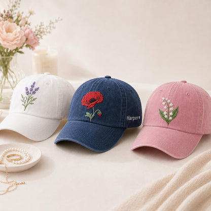 Personalized Birth Flower Embroidered Hat, Custom Floral Name Cap, Botanical Embroidery Hat, Birthday Gift For Her, Mother's Day Gift