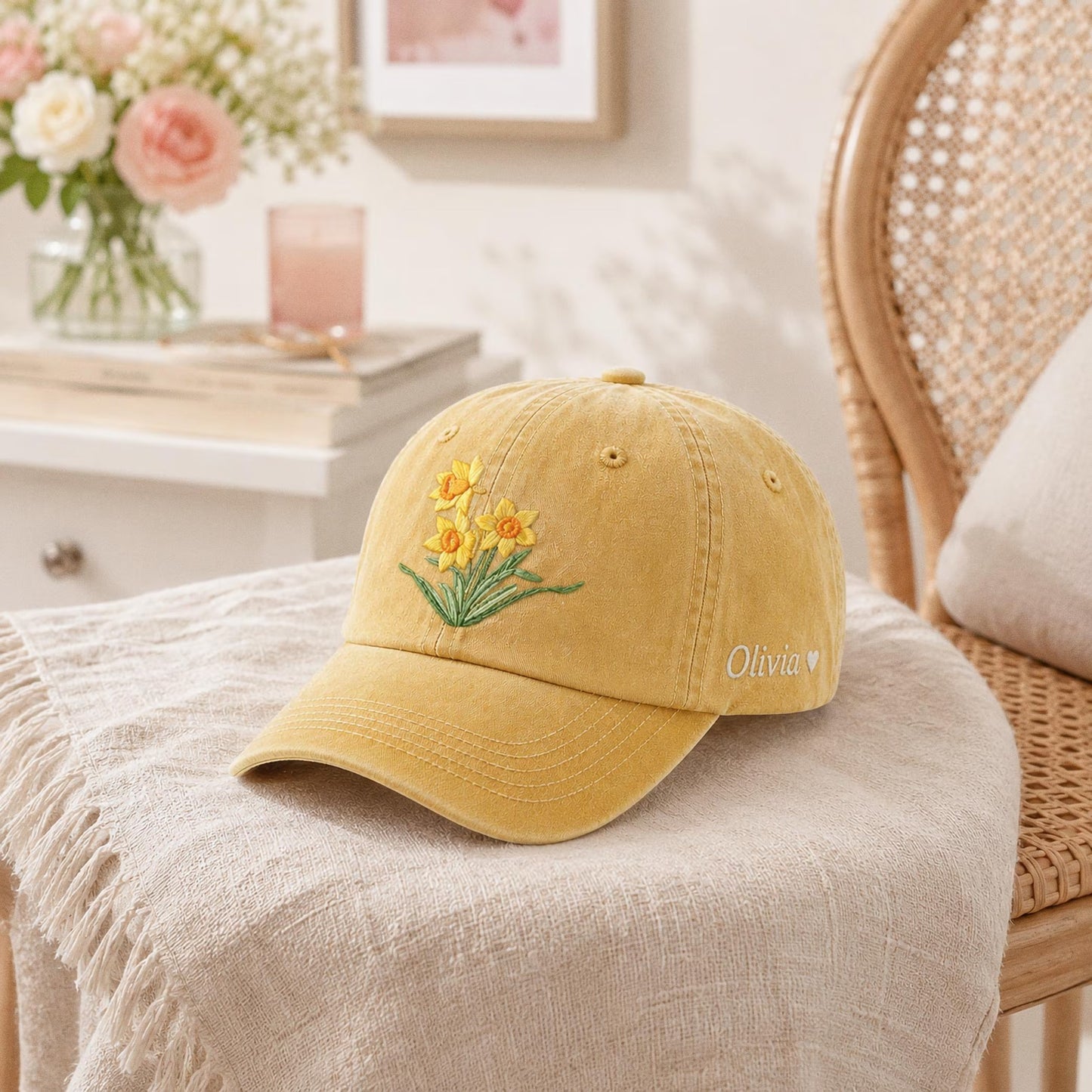Personalized Birth Flower Embroidered Hat, Custom Floral Name Cap, Botanical Embroidery Hat, Birthday Gift For Her, Mother's Day Gift
