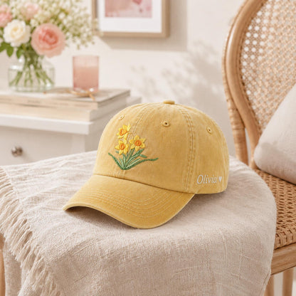 Personalized Birth Flower Embroidered Hat, Custom Floral Name Cap, Botanical Embroidery Hat, Birthday Gift For Her, Mother's Day Gift