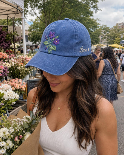 Personalized Birth Flower Embroidered Hat, Custom Floral Name Cap, Botanical Embroidery Hat, Birthday Gift For Her, Mother's Day Gift