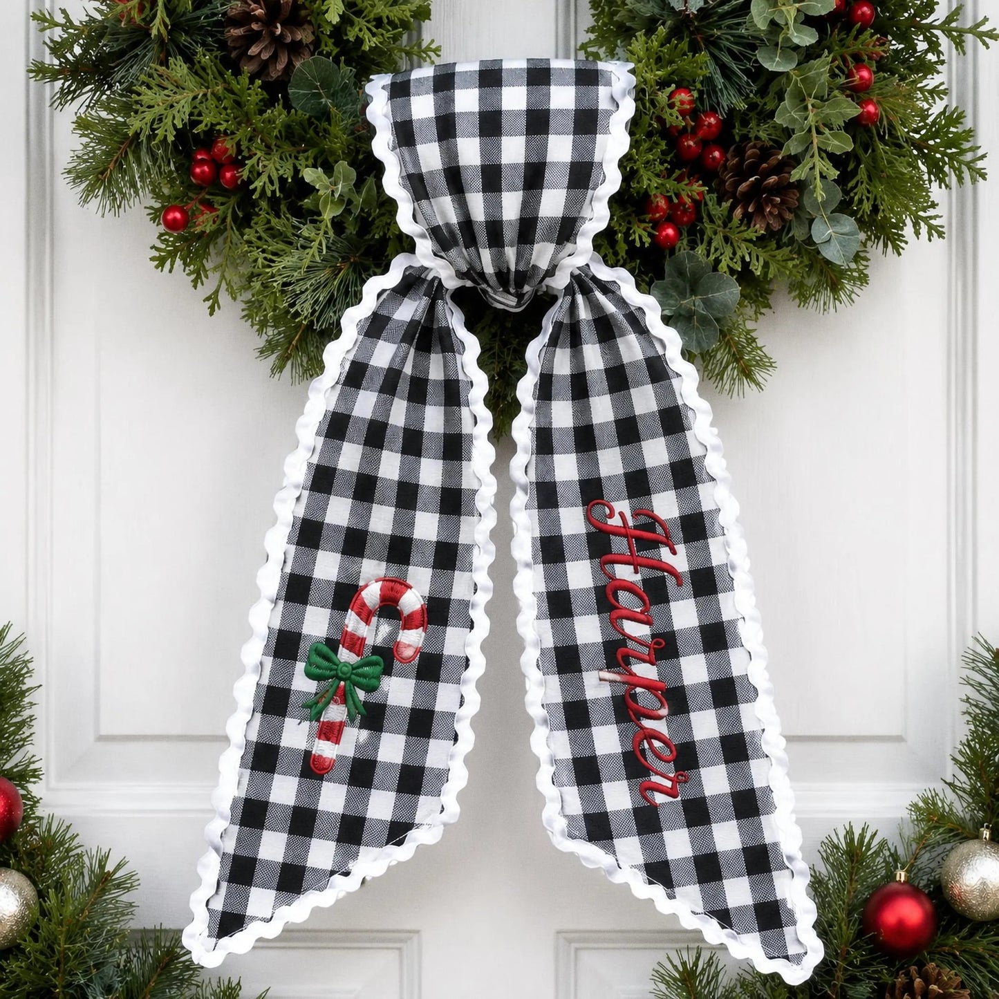 Personalized Christmas Tree Wreath Sash, Pink Stripe Monogram Door Bow, Embroidered Holiday Front Door Decor, Winter Gift