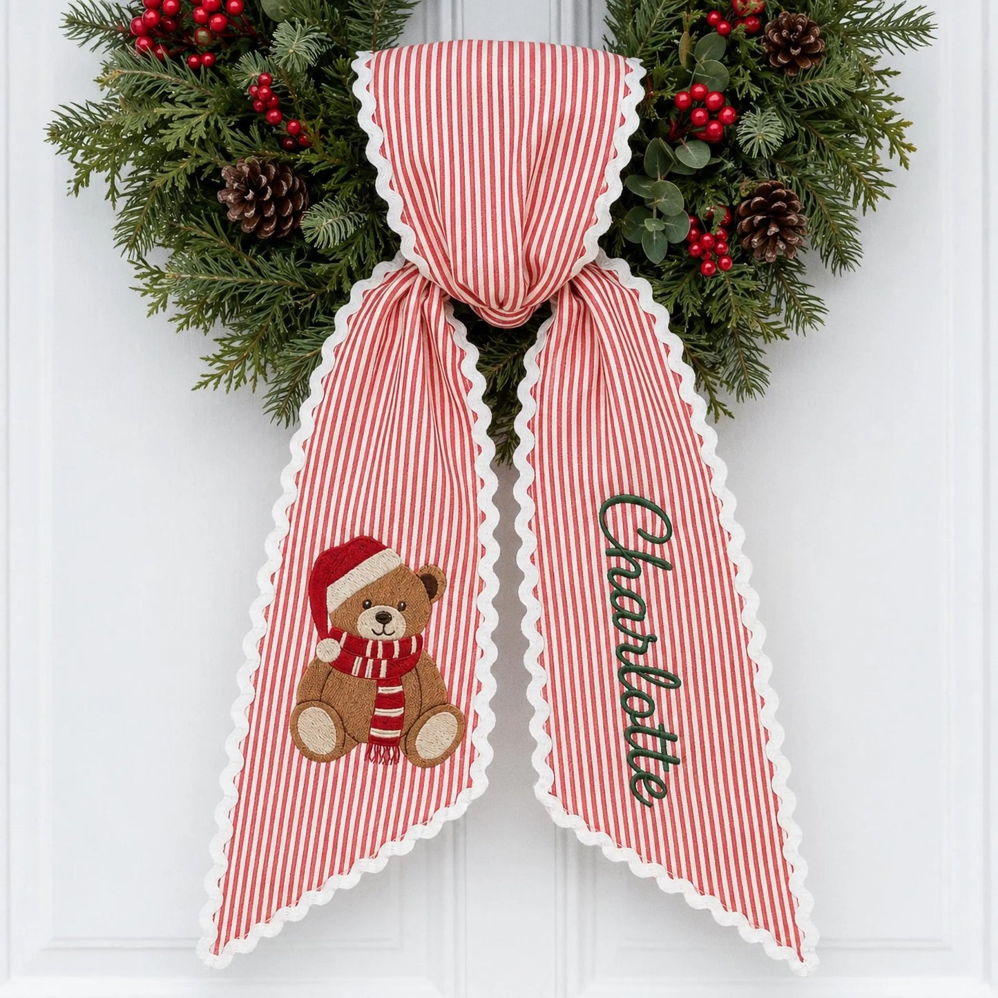 Personalized Christmas Tree Wreath Sash, Pink Stripe Monogram Door Bow, Embroidered Holiday Front Door Decor, Winter Gift