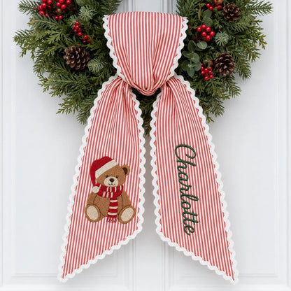Personalized Christmas Tree Wreath Sash, Pink Stripe Monogram Door Bow, Embroidered Holiday Front Door Decor, Winter Gift
