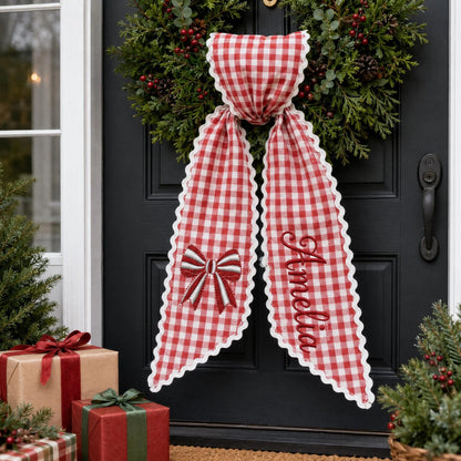 Personalized Christmas Tree Wreath Sash, Pink Stripe Monogram Door Bow, Embroidered Holiday Front Door Decor, Winter Gift