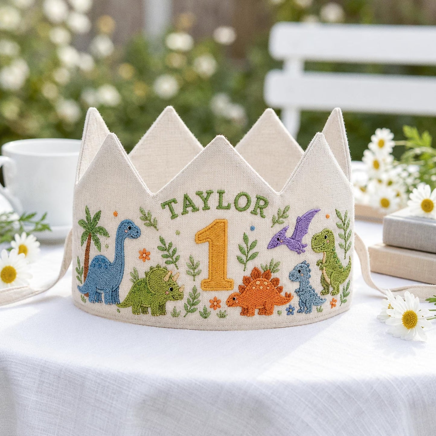 Personalized Dinosaur Crown, Embroidered Linen Hat, 1st Birthday Boy, Custom Name Crown, Cake Smash Prop, Baby Boy Keepsake, Dino Party Hat
