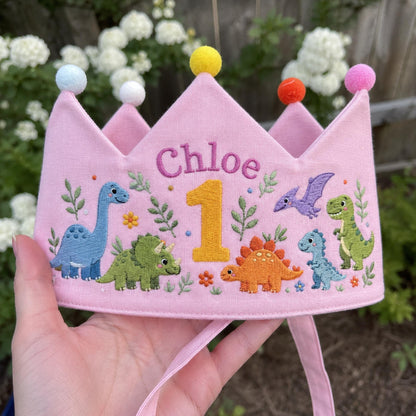 Personalized Dinosaur Crown, Embroidered Linen Hat, 1st Birthday Boy, Custom Name Crown, Cake Smash Prop, Baby Boy Keepsake, Dino Party Hat