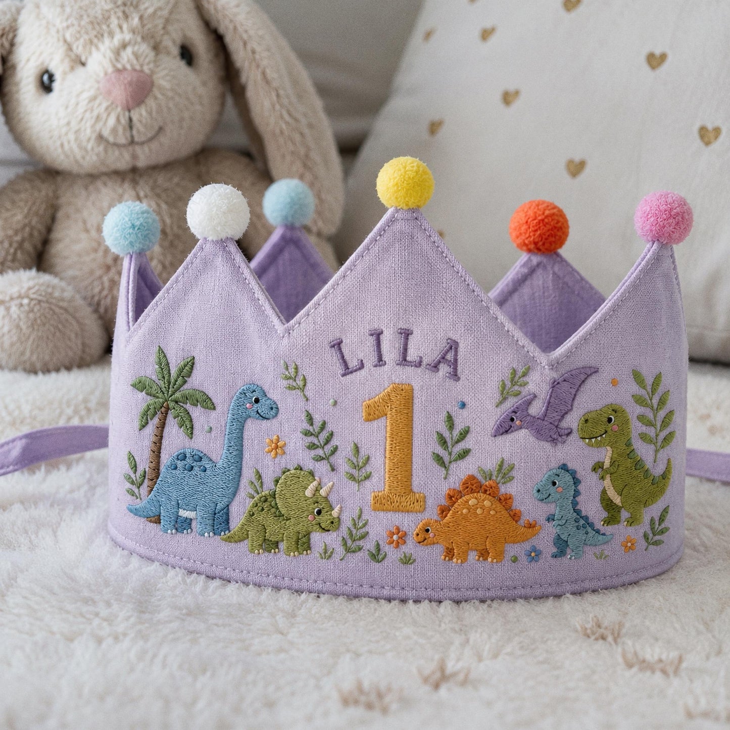 Personalized Dinosaur Crown, Embroidered Linen Hat, 1st Birthday Boy, Custom Name Crown, Cake Smash Prop, Baby Boy Keepsake, Dino Party Hat