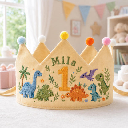 Personalized Dinosaur Crown, Embroidered Linen Hat, 1st Birthday Boy, Custom Name Crown, Cake Smash Prop, Baby Boy Keepsake, Dino Party Hat