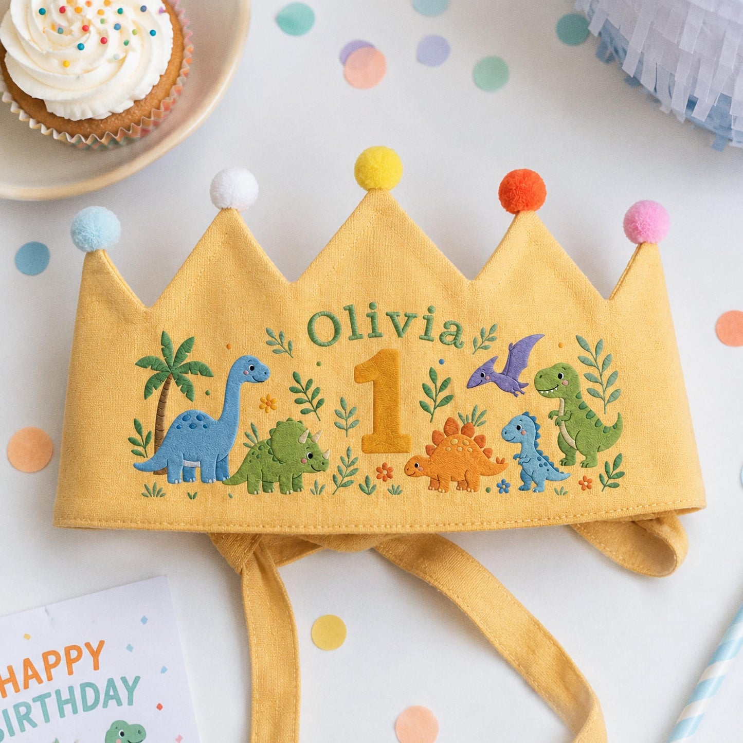Personalized Dinosaur Crown, Embroidered Linen Hat, 1st Birthday Boy, Custom Name Crown, Cake Smash Prop, Baby Boy Keepsake, Dino Party Hat