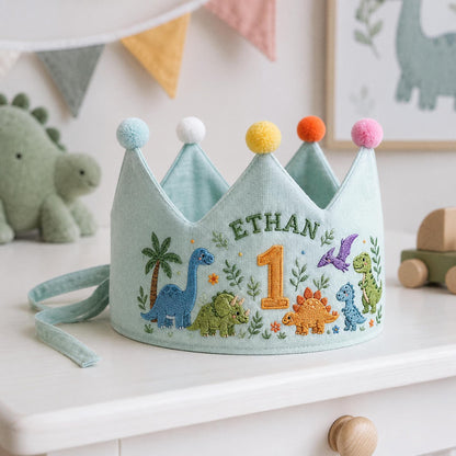 Personalized Dinosaur Crown, Embroidered Linen Hat, 1st Birthday Boy, Custom Name Crown, Cake Smash Prop, Baby Boy Keepsake, Dino Party Hat
