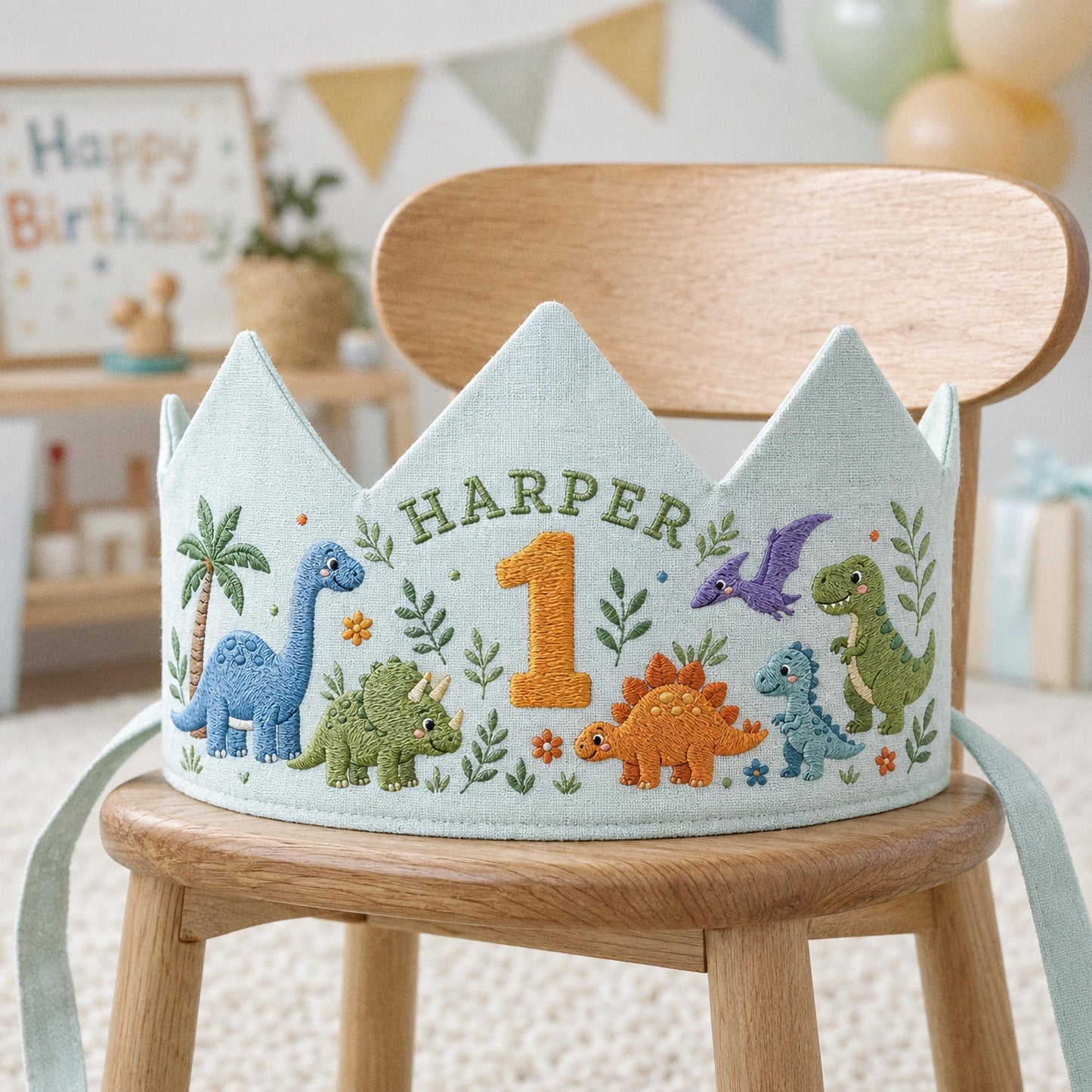 Personalized Dinosaur Crown, Embroidered Linen Hat, 1st Birthday Boy, Custom Name Crown, Cake Smash Prop, Baby Boy Keepsake, Dino Party Hat