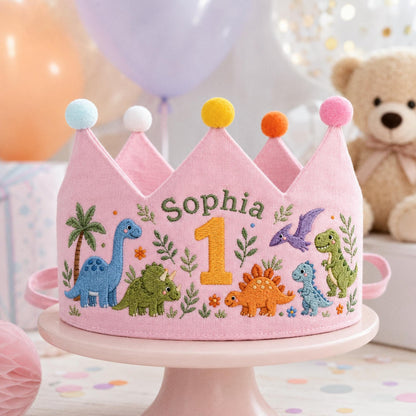 Personalized Dinosaur Crown, Embroidered Linen Hat, 1st Birthday Boy, Custom Name Crown, Cake Smash Prop, Baby Boy Keepsake, Dino Party Hat
