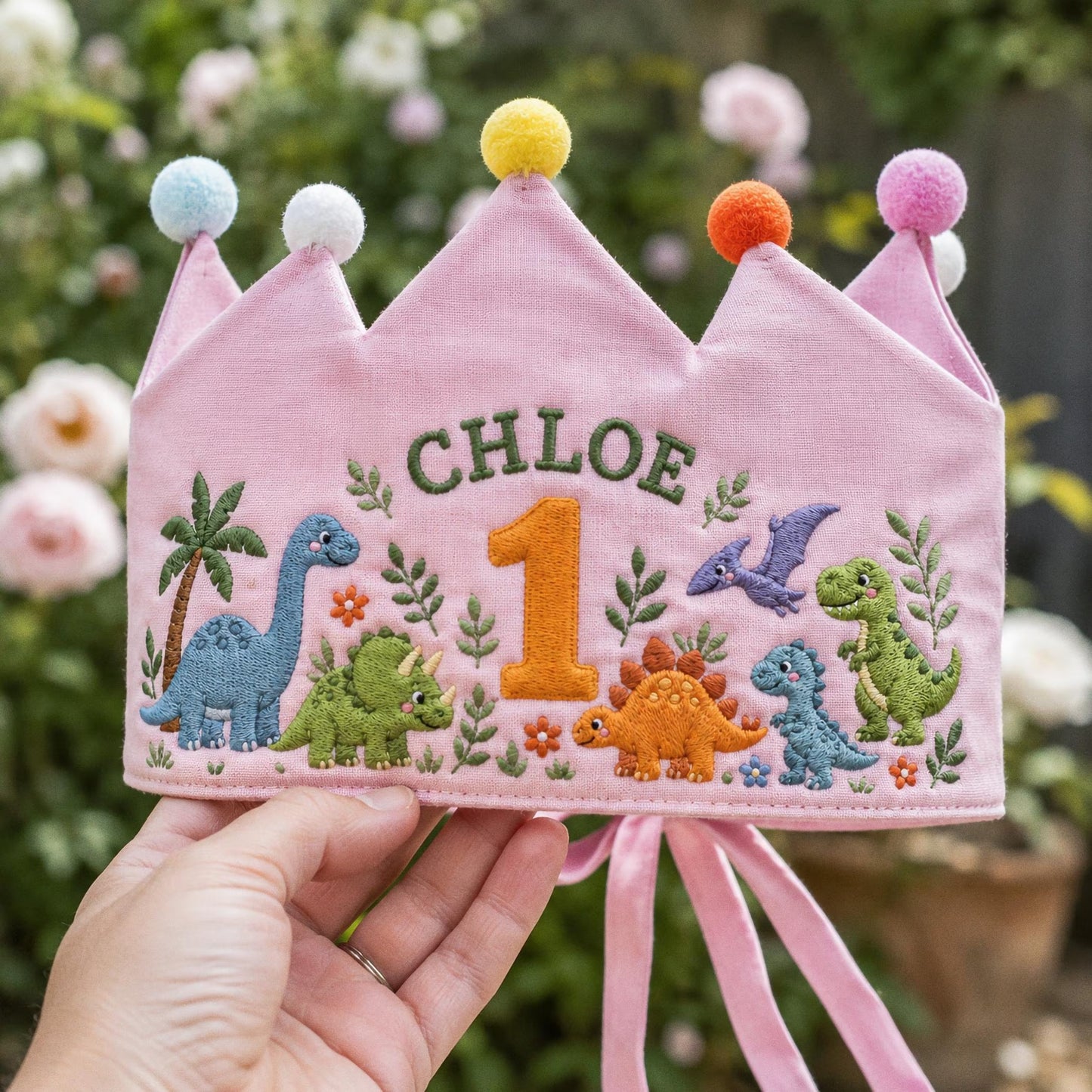 Personalized Dinosaur Crown, Embroidered Linen Hat, 1st Birthday Boy, Custom Name Crown, Cake Smash Prop, Baby Boy Keepsake, Dino Party Hat