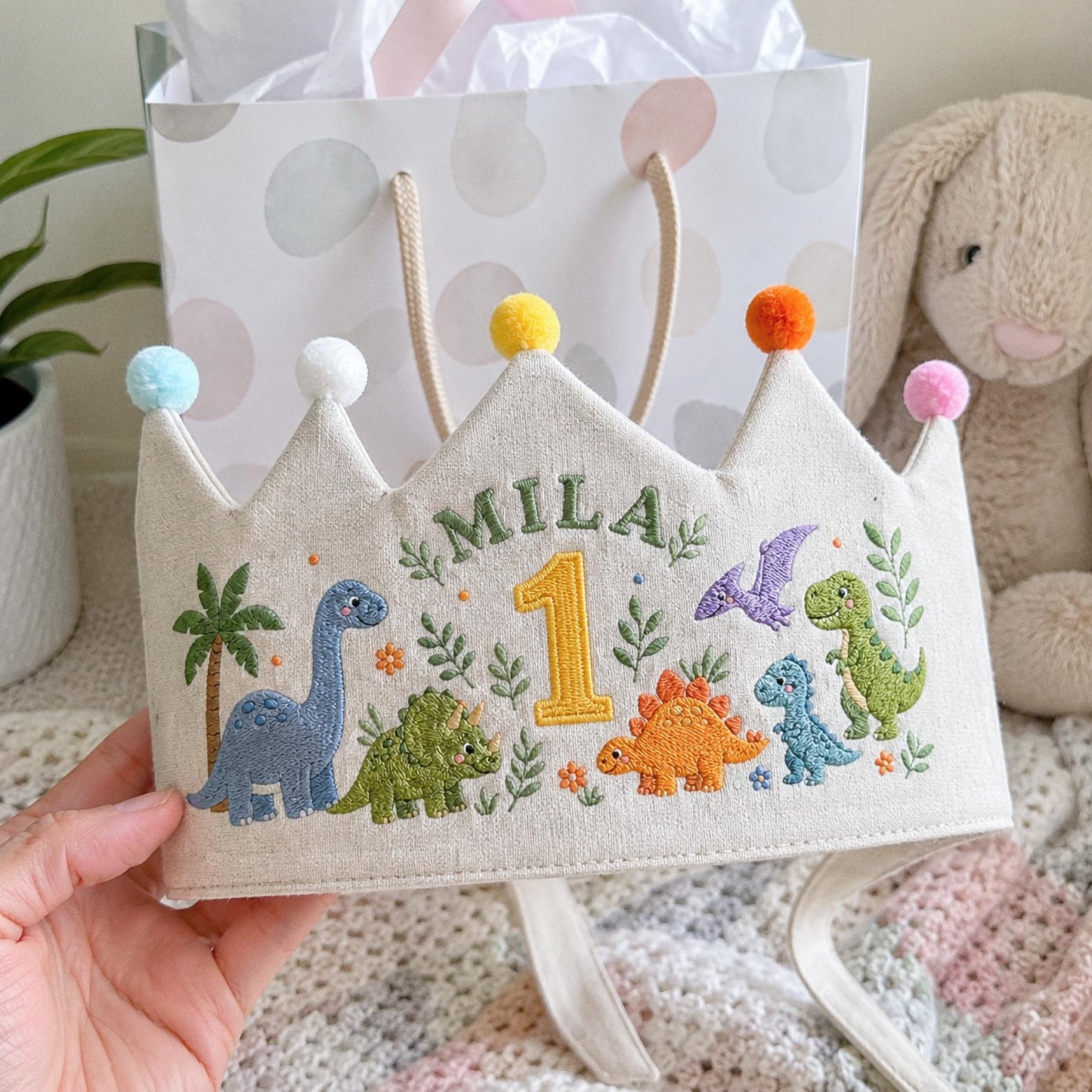 Personalized Dinosaur Crown, Embroidered Linen Hat, 1st Birthday Boy, Custom Name Crown, Cake Smash Prop, Baby Boy Keepsake, Dino Party Hat
