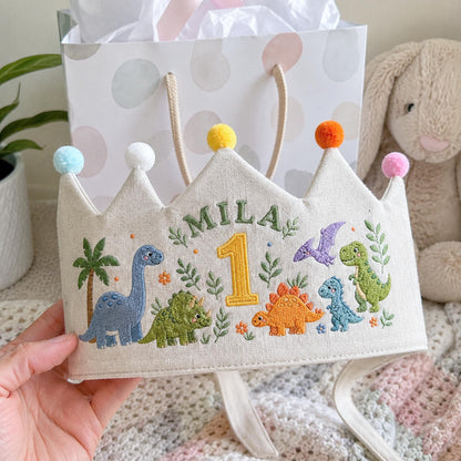 Personalized Dinosaur Crown, Embroidered Linen Hat, 1st Birthday Boy, Custom Name Crown, Cake Smash Prop, Baby Boy Keepsake, Dino Party Hat