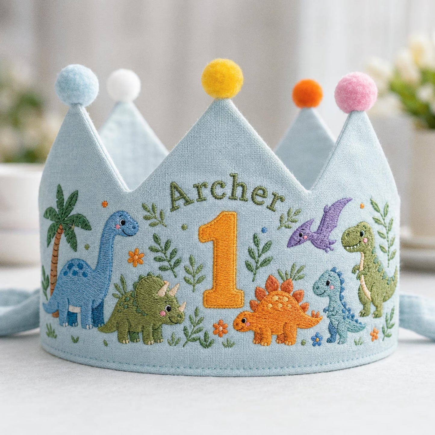 Personalized Dinosaur Crown, Embroidered Linen Hat, 1st Birthday Boy, Custom Name Crown, Cake Smash Prop, Baby Boy Keepsake, Dino Party Hat