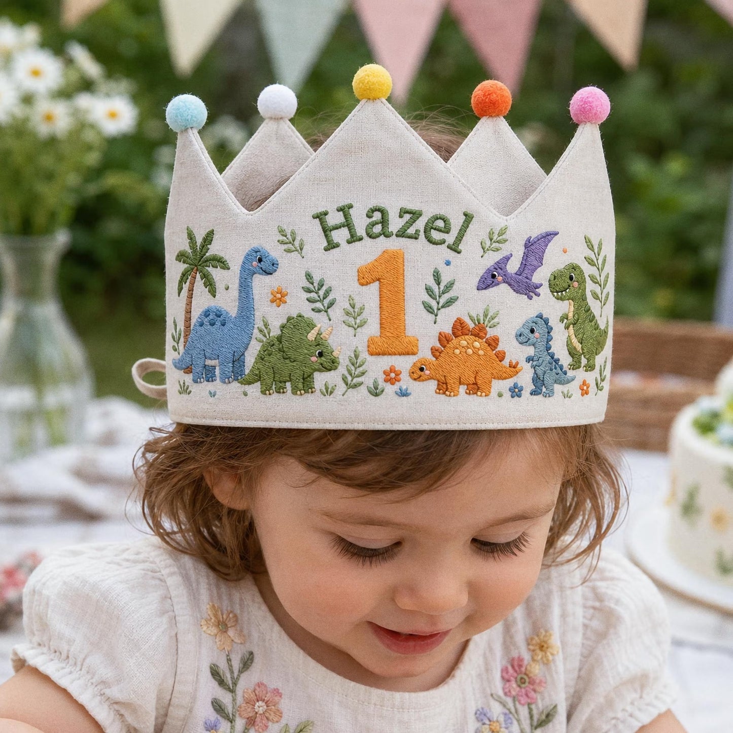 Personalized Dinosaur Crown, Embroidered Linen Hat, 1st Birthday Boy, Custom Name Crown, Cake Smash Prop, Baby Boy Keepsake, Dino Party Hat