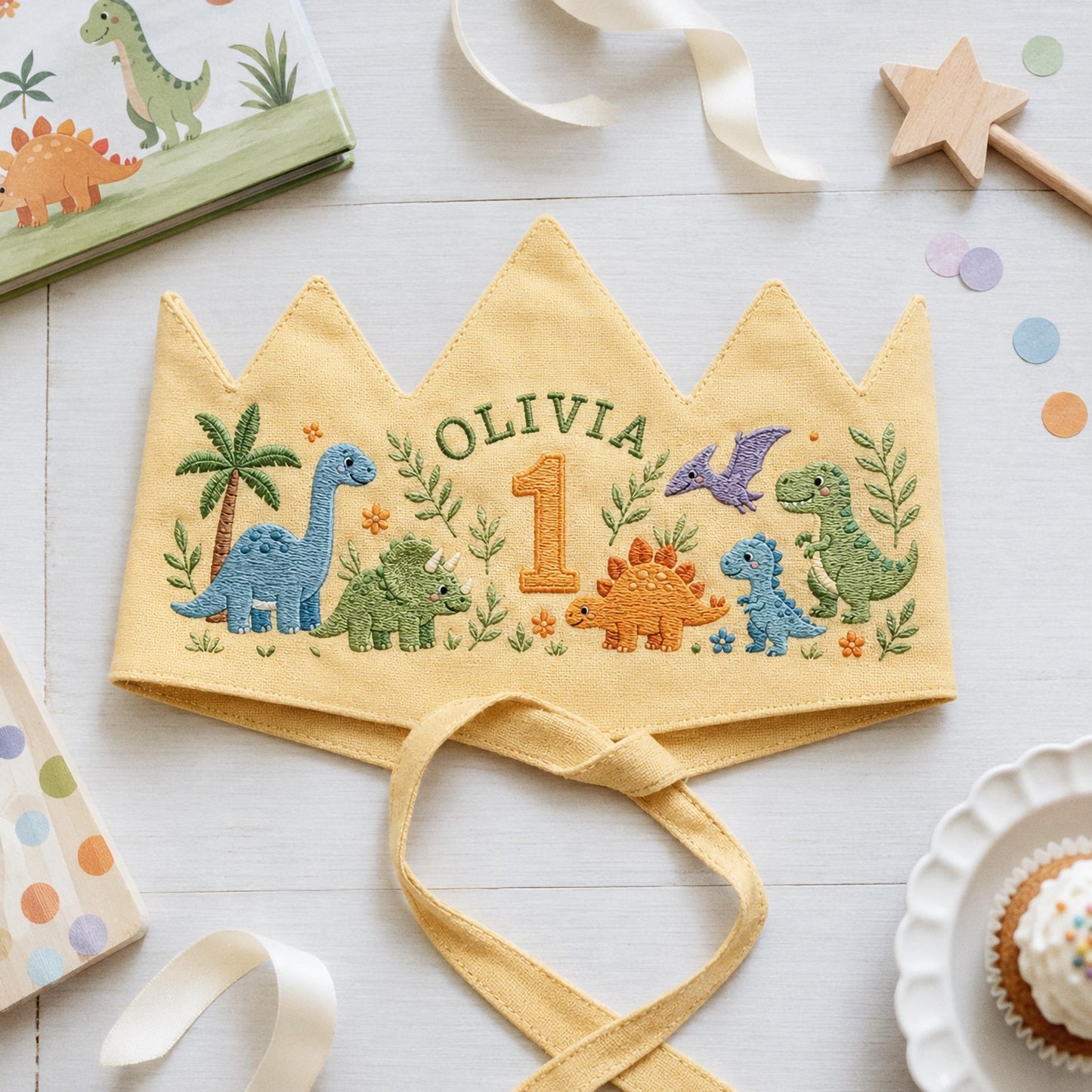 Personalized Dinosaur Crown, Embroidered Linen Hat, 1st Birthday Boy, Custom Name Crown, Cake Smash Prop, Baby Boy Keepsake, Dino Party Hat