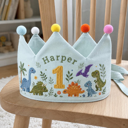 Personalized Dinosaur Crown, Embroidered Linen Hat, 1st Birthday Boy, Custom Name Crown, Cake Smash Prop, Baby Boy Keepsake, Dino Party Hat