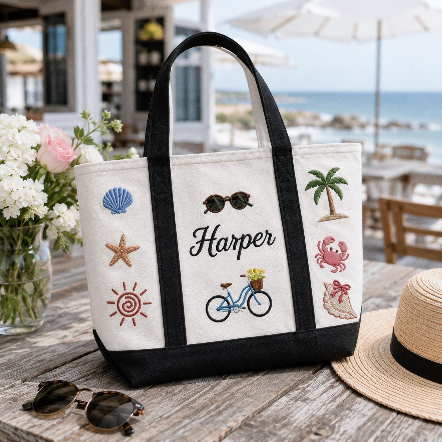Personalized Embroidered Beach Tote, Custom Name Canvas Bag, Bachelorette Party Favor, Bridesmaid Gift, Summer Vacation Travel Bag