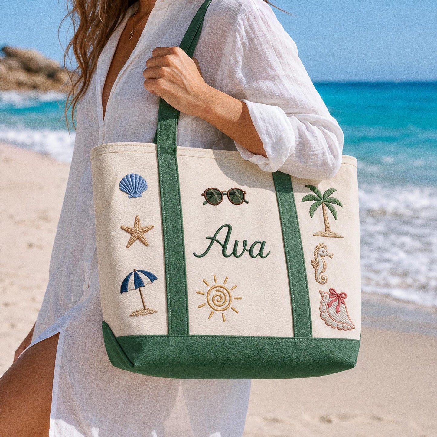 Personalized Embroidered Beach Tote, Custom Name Canvas Bag, Bachelorette Party Favor, Bridesmaid Gift, Summer Vacation Travel Bag