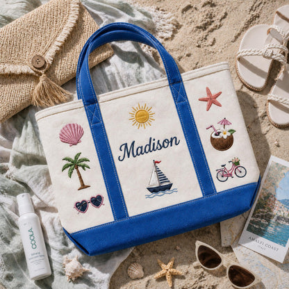 Personalized Embroidered Beach Tote, Custom Name Canvas Bag, Bachelorette Party Favor, Bridesmaid Gift, Summer Vacation Travel Bag