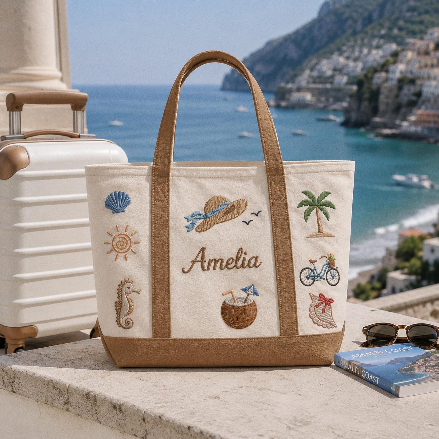 Personalized Embroidered Beach Tote, Custom Name Canvas Bag, Bachelorette Party Favor, Bridesmaid Gift, Summer Vacation Travel Bag