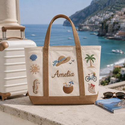 Personalized Embroidered Beach Tote, Custom Name Canvas Bag, Bachelorette Party Favor, Bridesmaid Gift, Summer Vacation Travel Bag