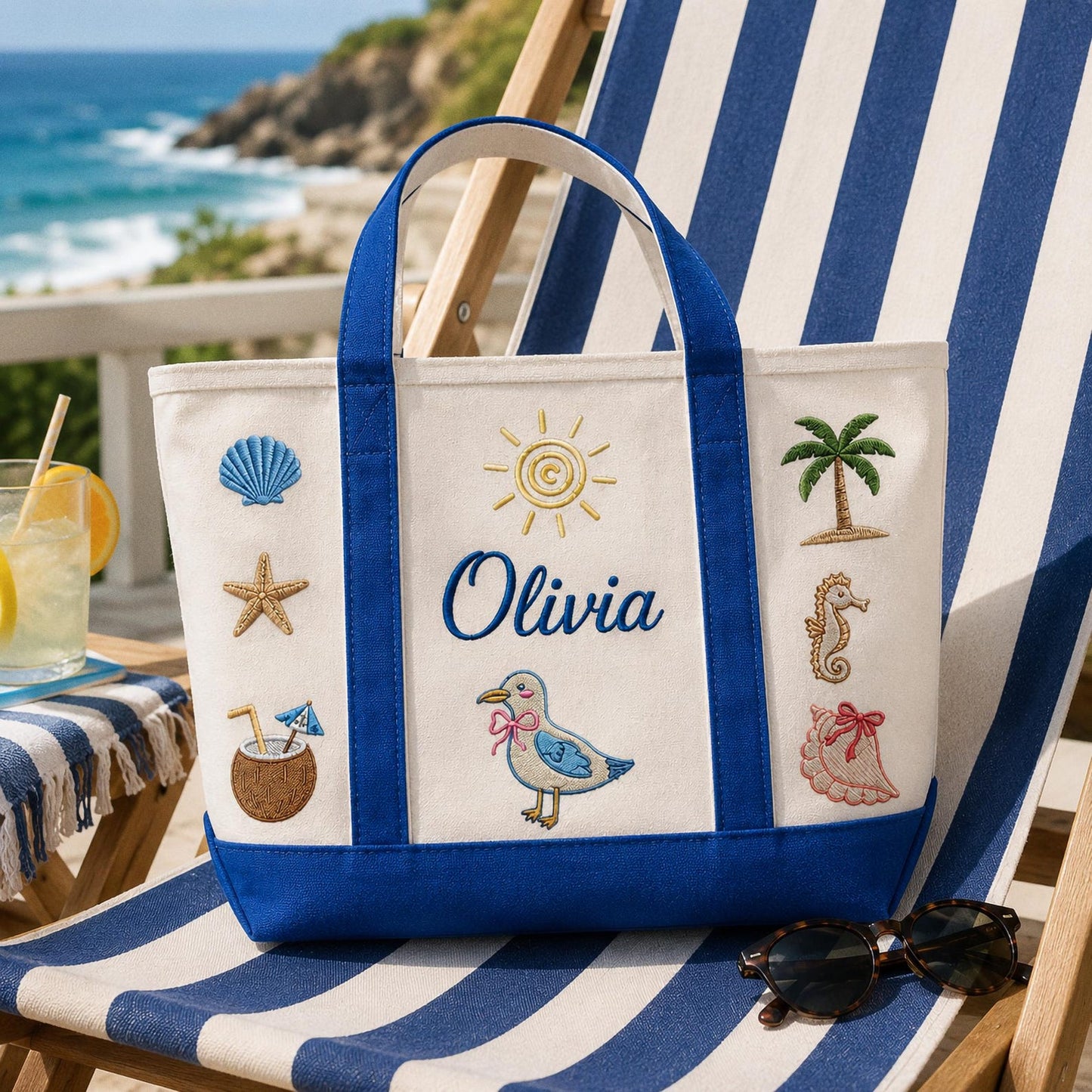 Personalized Embroidered Beach Tote, Custom Name Canvas Bag, Bachelorette Party Favor, Bridesmaid Gift, Summer Vacation Travel Bag