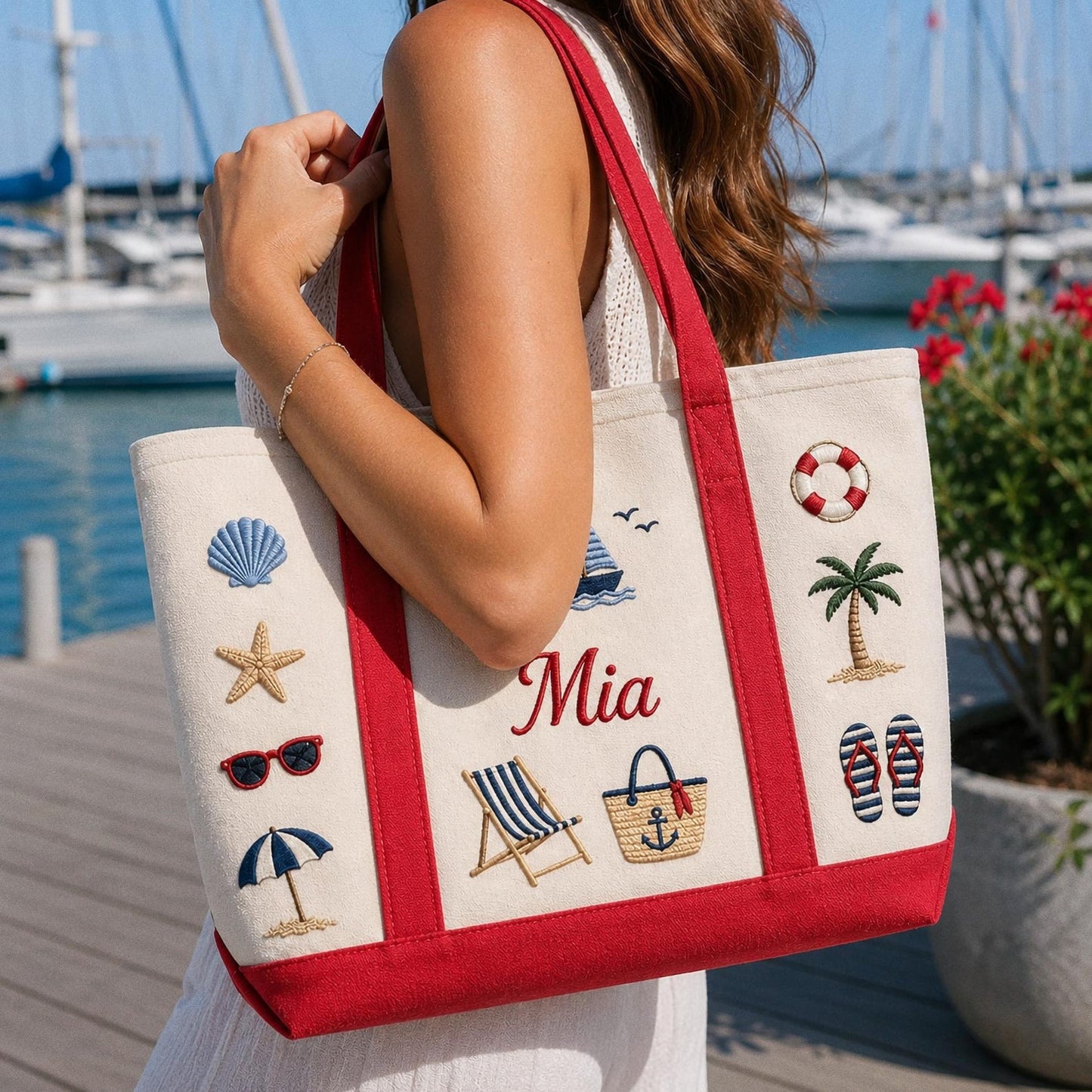 Personalized Embroidered Beach Tote, Custom Name Canvas Bag, Bachelorette Party Favor, Bridesmaid Gift, Summer Vacation Travel Bag