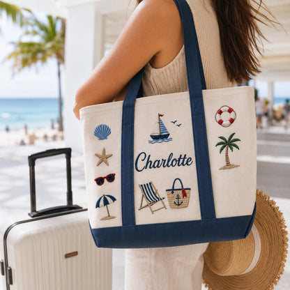 Personalized Embroidered Beach Tote, Custom Name Canvas Bag, Bachelorette Party Favor, Bridesmaid Gift, Summer Vacation Travel Bag