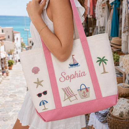 Personalized Embroidered Beach Tote, Custom Name Canvas Bag, Bachelorette Party Favor, Bridesmaid Gift, Summer Vacation Travel Bag