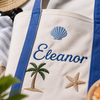 Personalized Embroidered Beach Tote, Custom Name Canvas Bag, Bachelorette Party Favor, Bridesmaid Gift, Summer Vacation Travel Bag