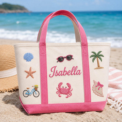 Personalized Embroidered Beach Tote, Custom Name Canvas Bag, Bachelorette Party Favor, Bridesmaid Gift, Summer Vacation Travel Bag