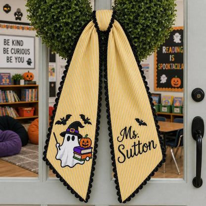 Personalized Halloween Teacher Wreath Sash, Embroidered Ghost Books Door Bow, Fall Classroom Decor, Teacher Appreciation Gift, Ghost Sash