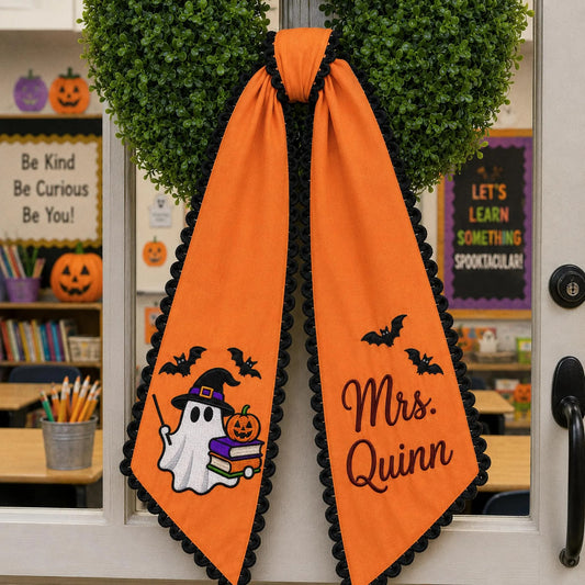 Personalized Halloween Teacher Wreath Sash, Embroidered Ghost Books Door Bow, Fall Classroom Decor, Teacher Appreciation Gift, Ghost Sash