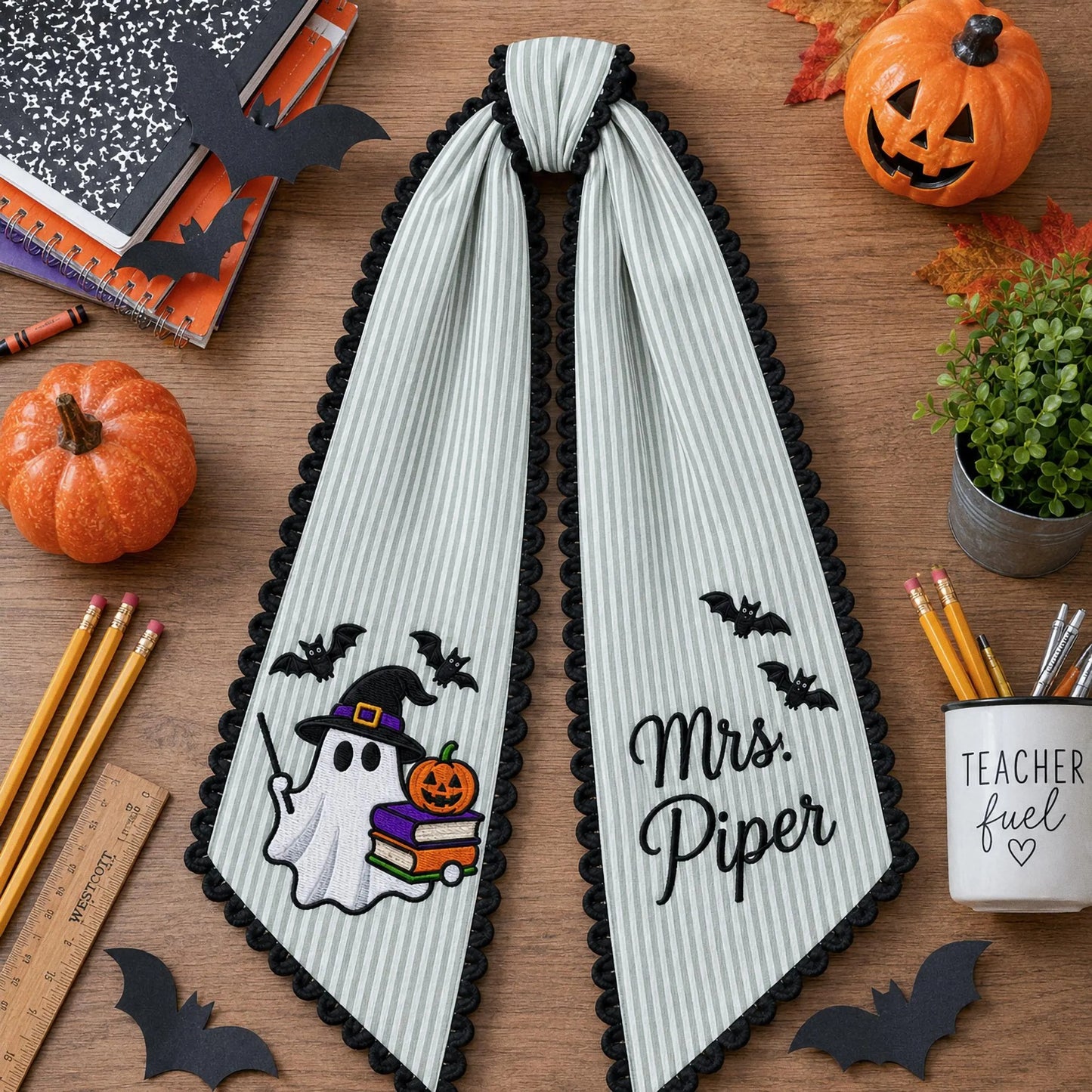 Personalized Halloween Teacher Wreath Sash, Embroidered Ghost Books Door Bow, Fall Classroom Decor, Teacher Appreciation Gift, Ghost Sash