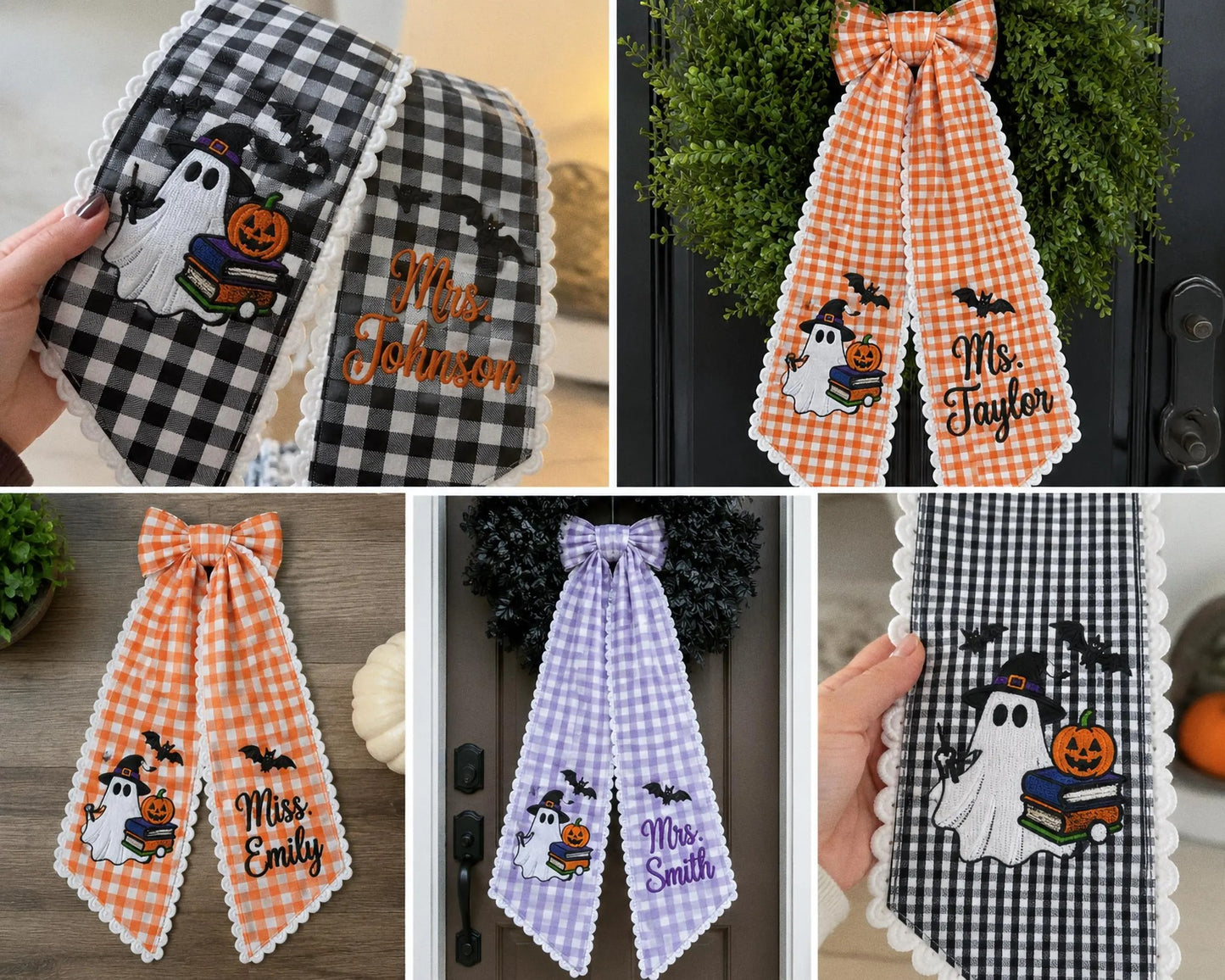 Personalized Halloween Teacher Wreath Sash, Embroidered Ghost Books Door Bow, Fall Classroom Decor, Teacher Appreciation Gift, Ghost Sash