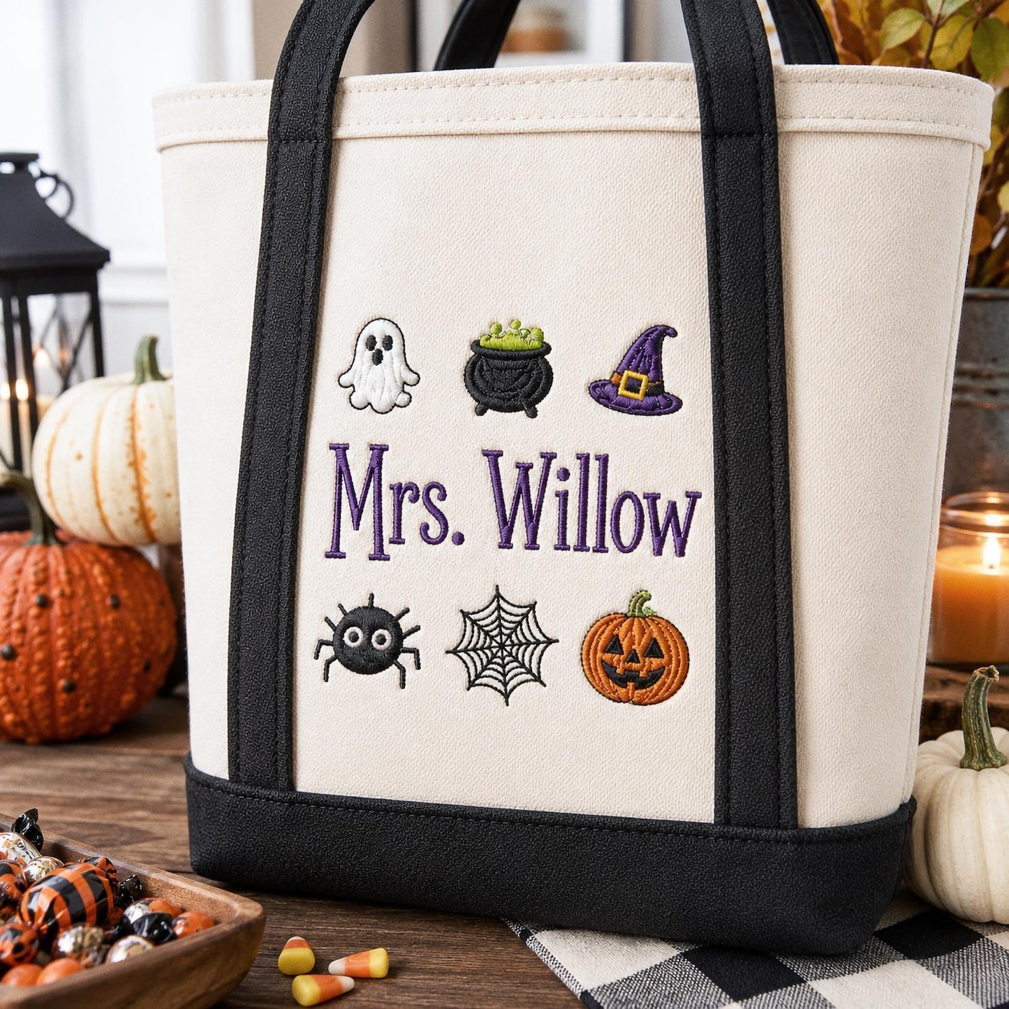 Personalized Halloween Tote Bag, Custom Embroidered Trick or Treat Bag, Kids Candy Bucket, Spooky Canvas Tote, Name Embroidery Autumn Gift