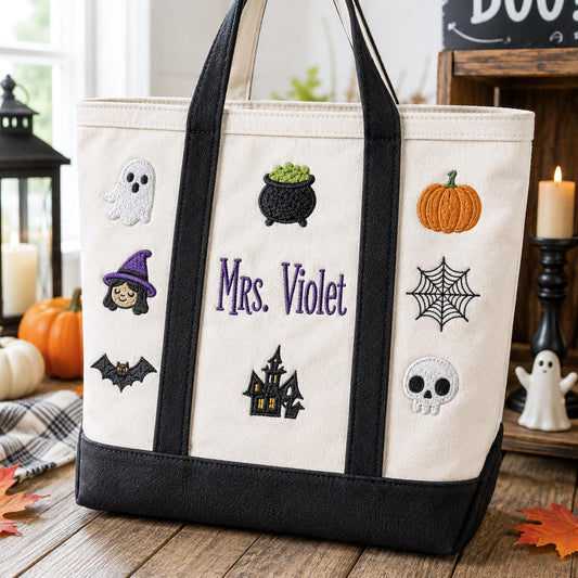 Personalized Halloween Tote Bag, Custom Embroidered Trick or Treat Bag, Kids Candy Bucket, Spooky Canvas Tote, Name Embroidery Autumn Gift
