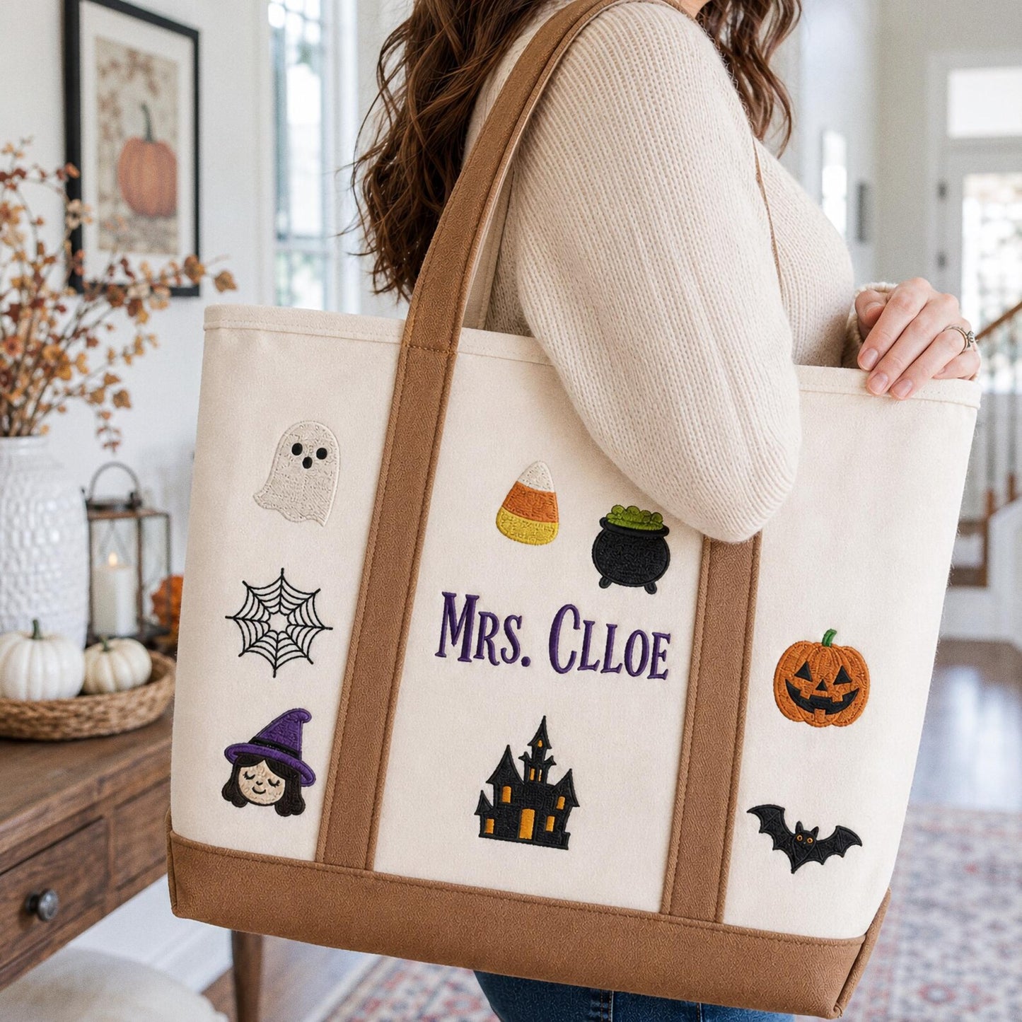 Personalized Halloween Tote Bag, Custom Embroidered Trick or Treat Bag, Kids Candy Bucket, Spooky Canvas Tote, Name Embroidery Autumn Gift