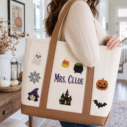 Personalized Halloween Tote Bag, Custom Embroidered Trick or Treat Bag, Kids Candy Bucket, Spooky Canvas Tote, Name Embroidery Autumn Gift