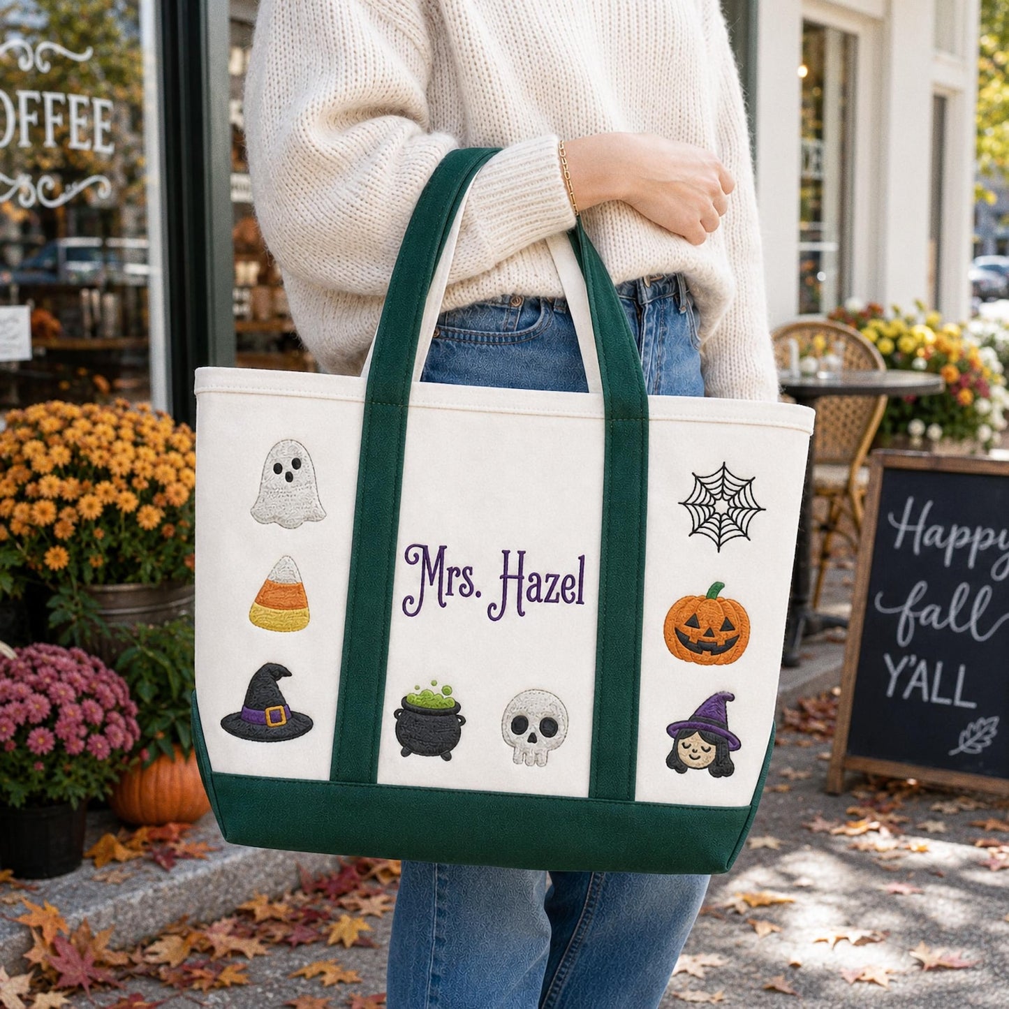 Personalized Halloween Tote Bag, Custom Embroidered Trick or Treat Bag, Kids Candy Bucket, Spooky Canvas Tote, Name Embroidery Autumn Gift