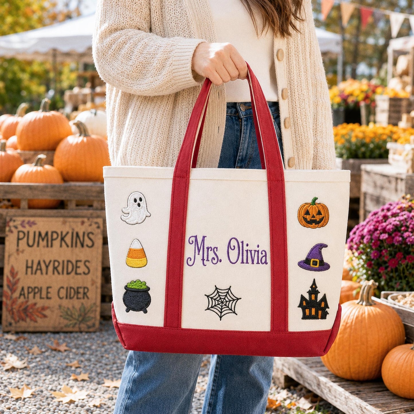 Personalized Halloween Tote Bag, Custom Embroidered Trick or Treat Bag, Kids Candy Bucket, Spooky Canvas Tote, Name Embroidery Autumn Gift