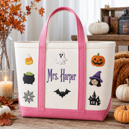 Personalized Halloween Tote Bag, Custom Embroidered Trick or Treat Bag, Kids Candy Bucket, Spooky Canvas Tote, Name Embroidery Autumn Gift
