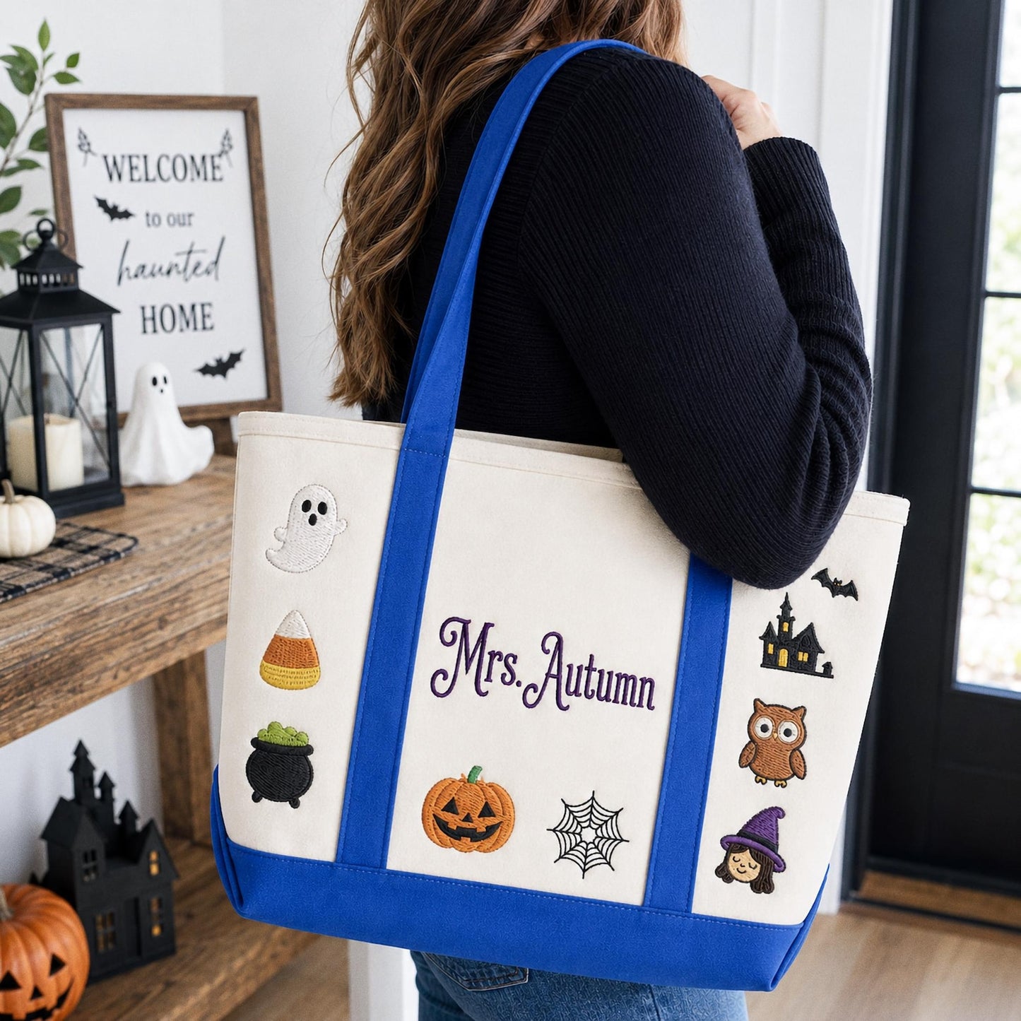 Personalized Halloween Tote Bag, Custom Embroidered Trick or Treat Bag, Kids Candy Bucket, Spooky Canvas Tote, Name Embroidery Autumn Gift