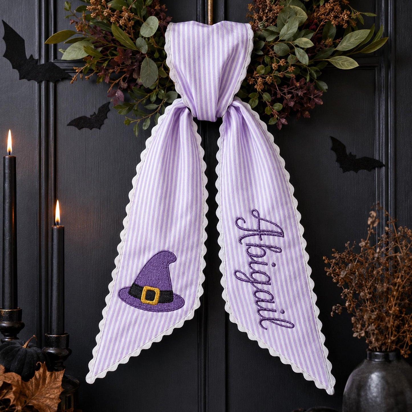 Personalized Halloween Wreath Sash, Custom Name Ghost Door Bow, Embroidered Spooky Holiday Decor, Gingham Ribbon